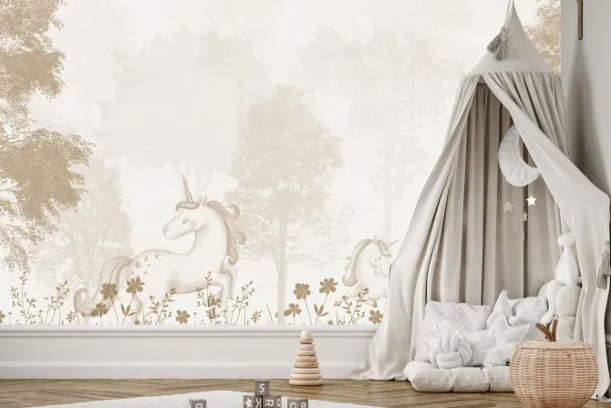 Fototapeta: Magiczny las z jednorożcami i kwiatami
