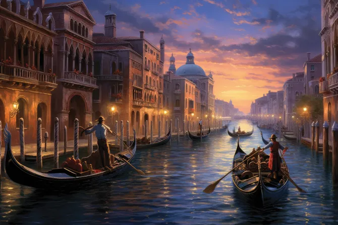 Fototapeta: Magiczny zachód słońca z gondolierami