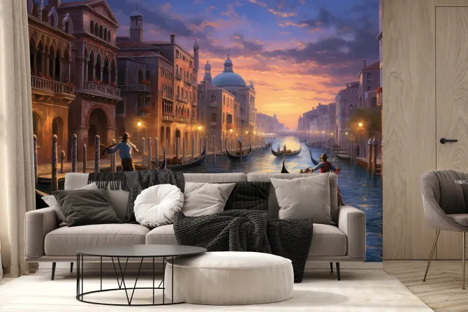 Fototapeta: Magiczny zachód słońca z gondolierami