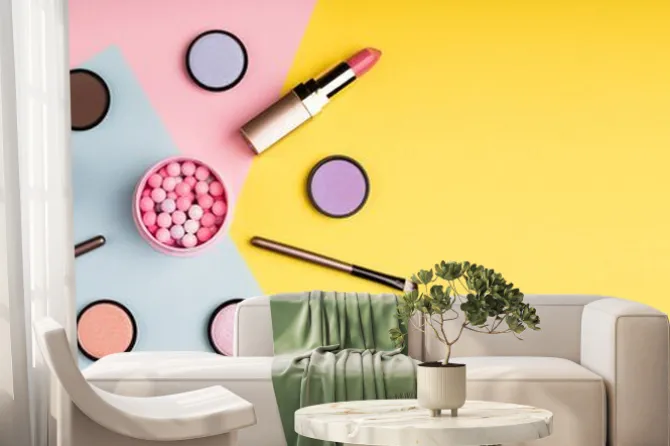 Fototapeta: Makeup produkty i dekoracyjni kosmetyki na koloru tła mieszkaniu