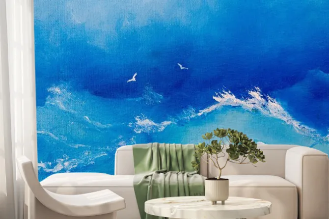 Fototapeta: Malarstwo morskie. fale i mewy na płótnie obraz olejny na tle