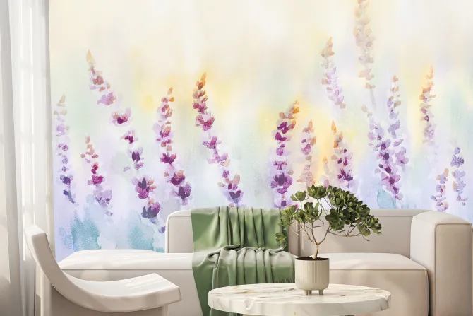 Fototapeta: Malowana pastelowa łąka z kwiatami lawendy