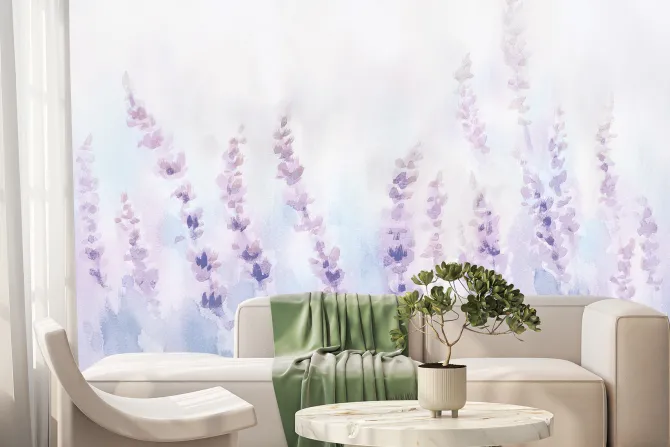 Fototapeta: Malowana pastelowa łąka z kwiatami lawendy
