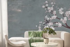 Fototapeta: Malowane białe kwiaty wiśni z ptakami na ścianie