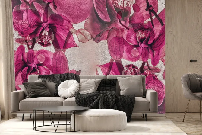 Fototapeta: Malowane przestrzenne orchidee na ścianie