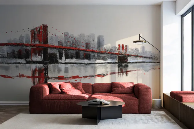 Fototapeta: Malowany czerwony most na tle miasta