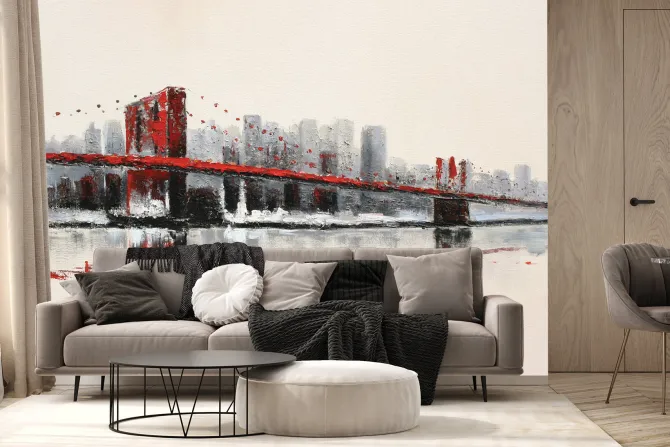 Fototapeta: Malowany czerwony most na tle miasta