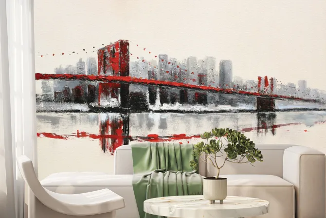 Fototapeta: Malowany czerwony most na tle miasta