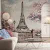 Fototapeta: Malowany krajobraz paryża z kwiatami wiśni