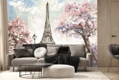 Fototapeta: Malowany krajobraz paryża z kwiatami wiśni