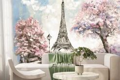 Fototapeta: Malowany krajobraz paryża z kwiatami wiśni