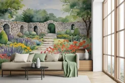 Fototapeta: Malowany krajobraz ogrodu z kolorowymi kwiatami