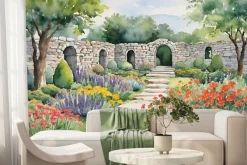 Fototapeta: Malowany krajobraz ogrodu z kolorowymi kwiatami