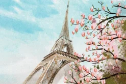 Fototapeta: Malowany kwiat wiśni na tle wieży eiffla