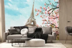 Fototapeta: Malowany kwiat wiśni na tle wieży eiffla