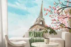 Fototapeta: Malowany kwiat wiśni na tle wieży eiffla