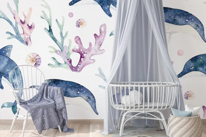 Fototapeta: Malowany rysunek z delfinami i rafą