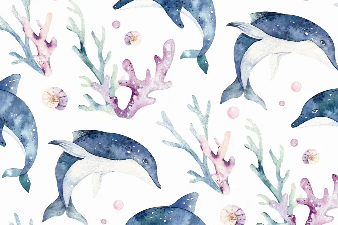 Fototapeta: Malowany rysunek z delfinami i rafą