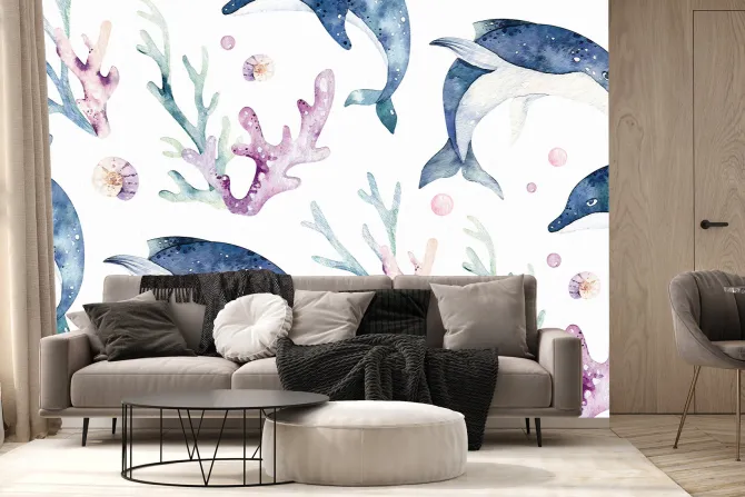 Fototapeta: Malowany rysunek z delfinami i rafą