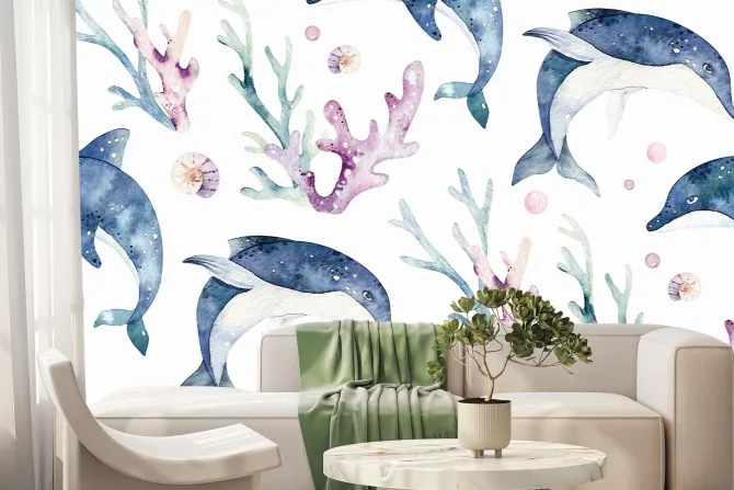 Fototapeta: Malowany rysunek z delfinami i rafą