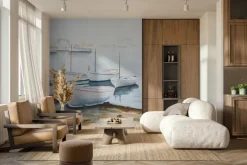 Fototapeta: Malowany wzór z łódkami na brzegu