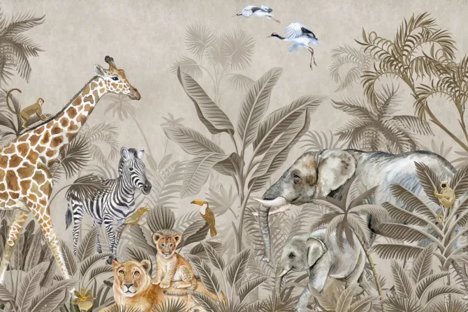 Fototapeta: Malownicza dżungla z uroczymi zwierzątkami i roślinami