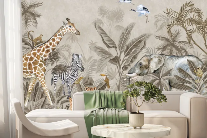 Fototapeta: Malownicza dżungla z uroczymi zwierzątkami i roślinami