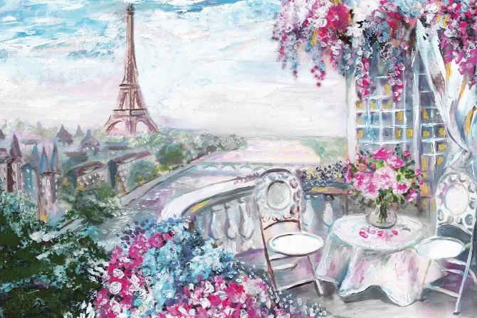 Fototapeta: Malowniczy taras pełen kwiatów na tle paryża