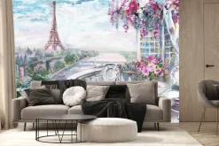 Fototapeta: Malowniczy taras pełen kwiatów na tle paryża