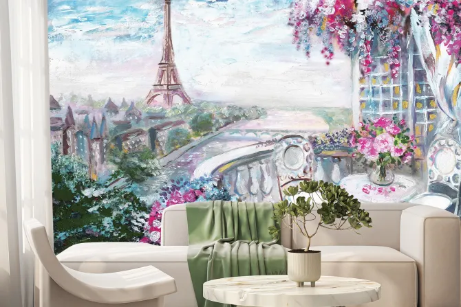 Fototapeta: Malowniczy taras pełen kwiatów na tle paryża