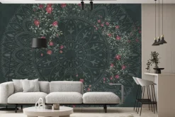 Fototapeta: Mandala na zielonym tle wśród róż