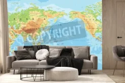 Fototapeta: Mapa fizyczna świata z napisami w języku angielskim