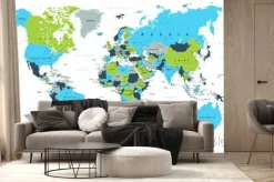 Fototapeta: Mapa polityczna świata z przewagą niebieskiego i zielonego