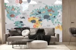 Fototapeta: Mapa świata dla dzieci ze zwierzątkami