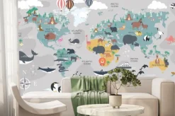 Fototapeta: Mapa świata dla dzieci ze zwierzątkami