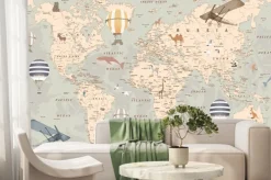 Fototapeta: Mapa świata dla dzieci w stylu retro z samolotami balonami i