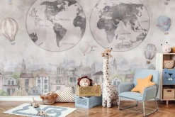 Fototapeta: Mapa świata i kolorowe balony nad akwarelowym miasteczkiem