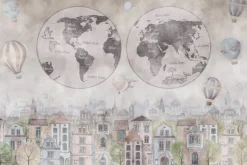 Fototapeta: Mapa świata i kolorowe balony nad akwarelowym miasteczkiem