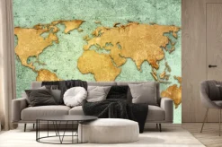 Fototapeta: Mapa świata na zielonej betonowej ścianie