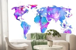 Fototapeta: Mapa świata na fioletowej akwareli