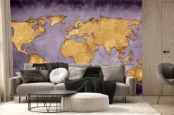 Fototapeta: Mapa świata na ciemnym fioletowym betonowym tle