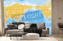 Fototapeta: Mapa świata żółty niebieski, azja w wektor centrum.