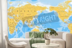 Fototapeta: Mapa świata żółty niebieski, azja w wektor centrum.