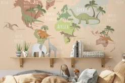 Fototapeta: Mapa świata z dinozaurami i palmami