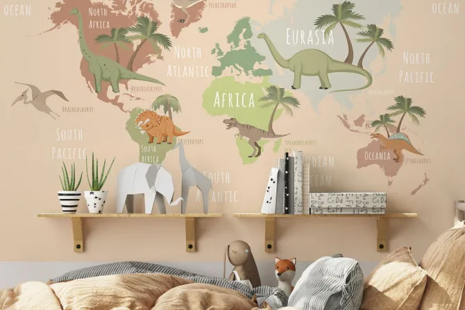 Fototapeta: Mapa świata z dinozaurami i palmami