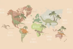 Fototapeta: Mapa świata z dinozaurami i palmami