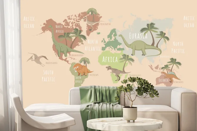 Fototapeta: Mapa świata z dinozaurami i palmami