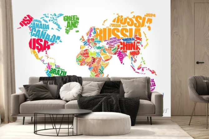 Fototapeta: Mapa świata z kolorowymi napisami