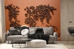 Fototapeta: Mapa świata z palonych ziaren kawy na brązowym tle papieru. międzynarodowy