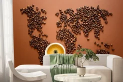 Fototapeta: Mapa świata z palonych ziaren kawy na brązowym tle papieru. międzynarodowy